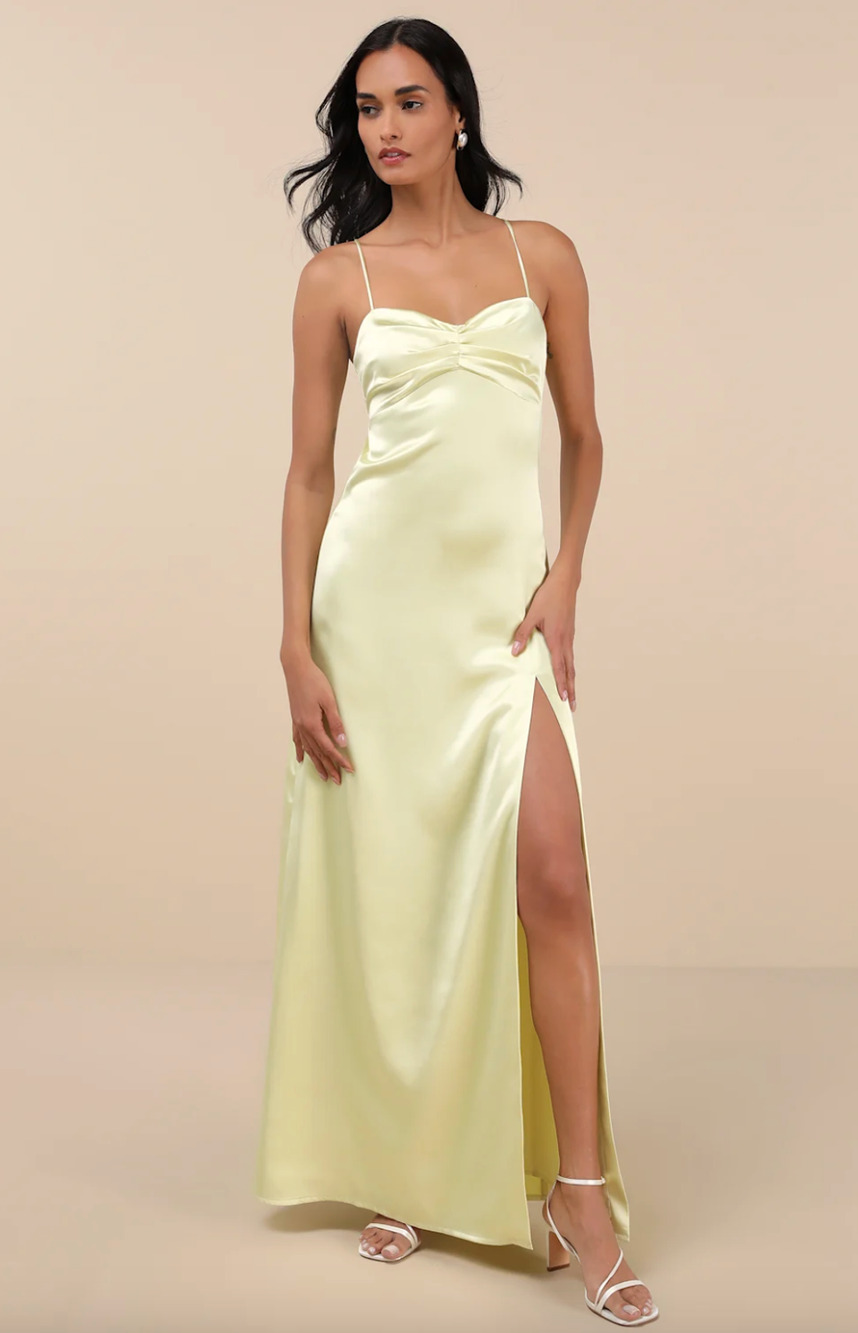 Lulus Stunning Example Light Yellow Satin Backless Maxi Dress Formal Small NWT